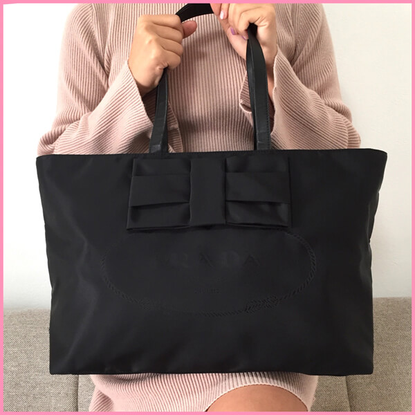 国内即発【PRADA】プラダスーパーコピーおリボンナイロン＋レザー/トートバック/NERO IBG028