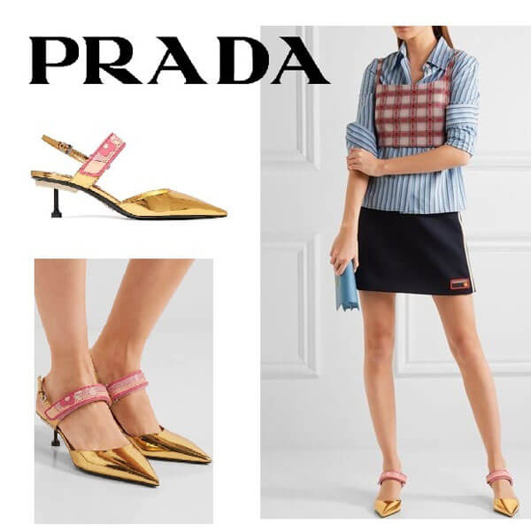 PRADA メタリック レザー スリングバック パンプス