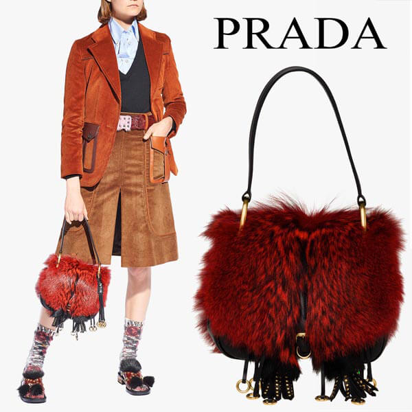 PRADA カーフレザー&ファー コルセールバッグ 1BD080V0N02BK7