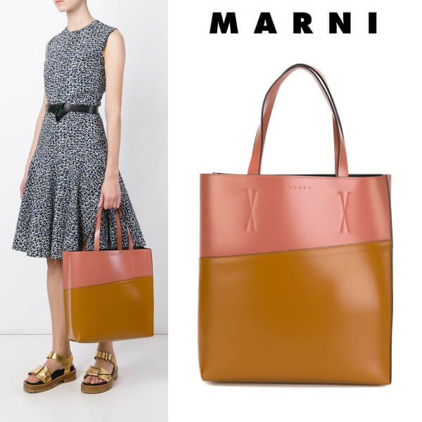 2018SS☆MARNI☆マルニコピー カラーブロック ショッピングトート Brown&Pink