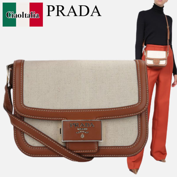 お洒落♪【国内発送★PRADA】リネン レザー ショルダーバッグ 1BD257_2DLI_F0A5T_V_OUH