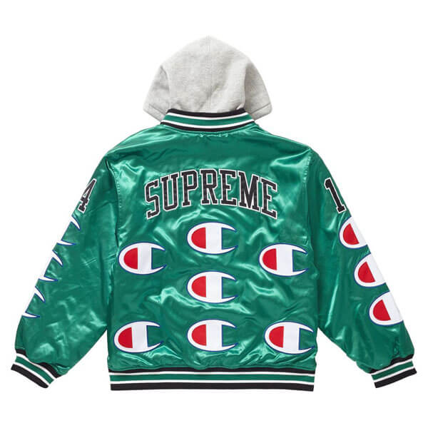 シュプリーム champion 偽物 シュプリーム ボックス ロゴ ジャケット Hooded Satin Varsity Jacket Kelly Green