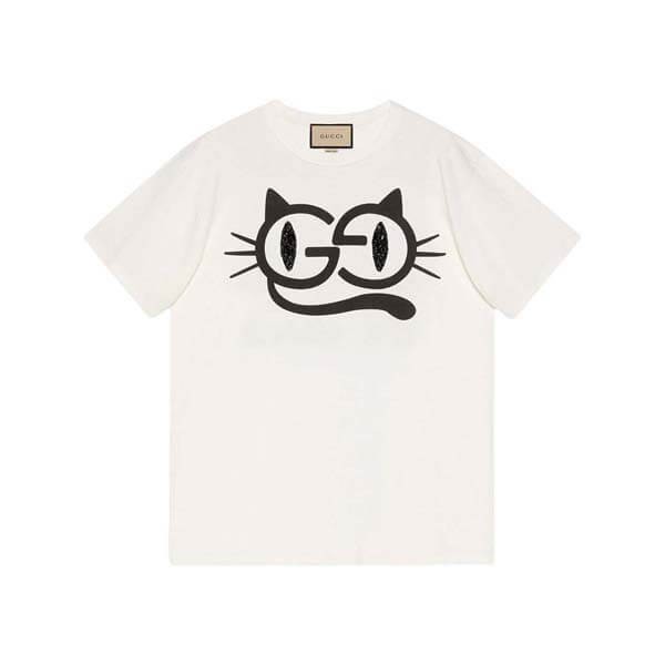 グッチキャットアイ プリント コットンジャージー Tシャツコピー615044