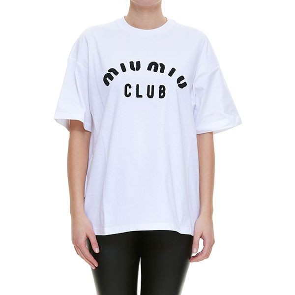 【関送込】MiuMiu CLUB LOGO Tシャツ コピー オーバーサイズ 刺繍ロゴ MJN3561QHTF0009