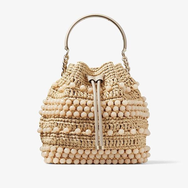 JIMMY CHOO 織りラフィア カーフスキン バケットバッグ 偽物 かごバッグ 3色 BONBONBUCKETRIC