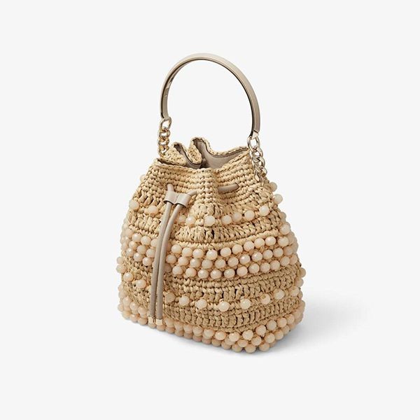 JIMMY CHOO 織りラフィア カーフスキン バケットバッグ 偽物 かごバッグ 3色 BONBONBUCKETRIC