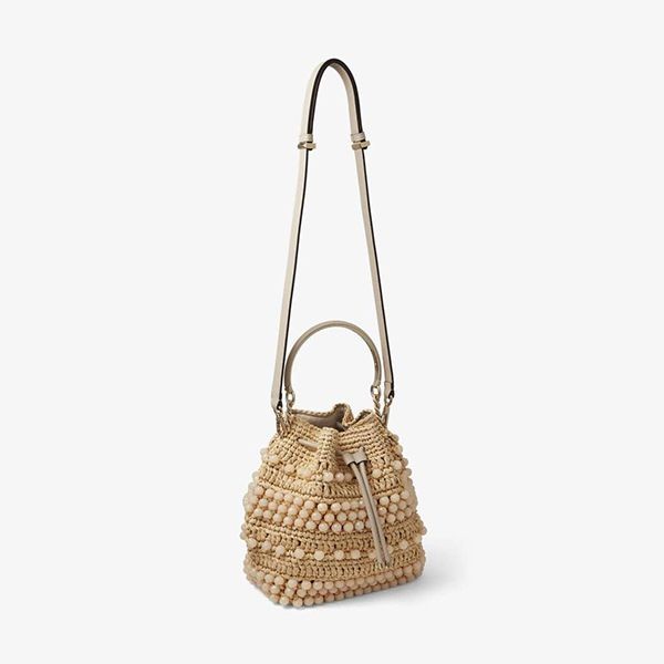 JIMMY CHOO 織りラフィア カーフスキン バケットバッグ 偽物 かごバッグ 3色 BONBONBUCKETRIC