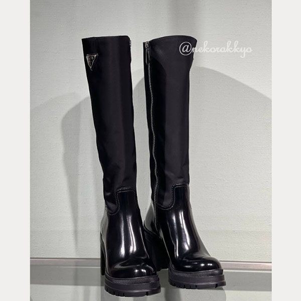 プラダ Leather and nylon boots ロングブーツ 偽物 1W011N_3LFU