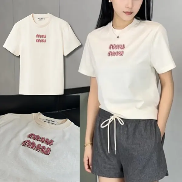 数量限定版！ミュウミュウ ロゴ刺繍 ジャージーTシャツ MJN499