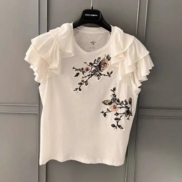 【ディオール パチモン】フラワー刺繍 ラッフル袖 コットンTシャツ 323T43A4415